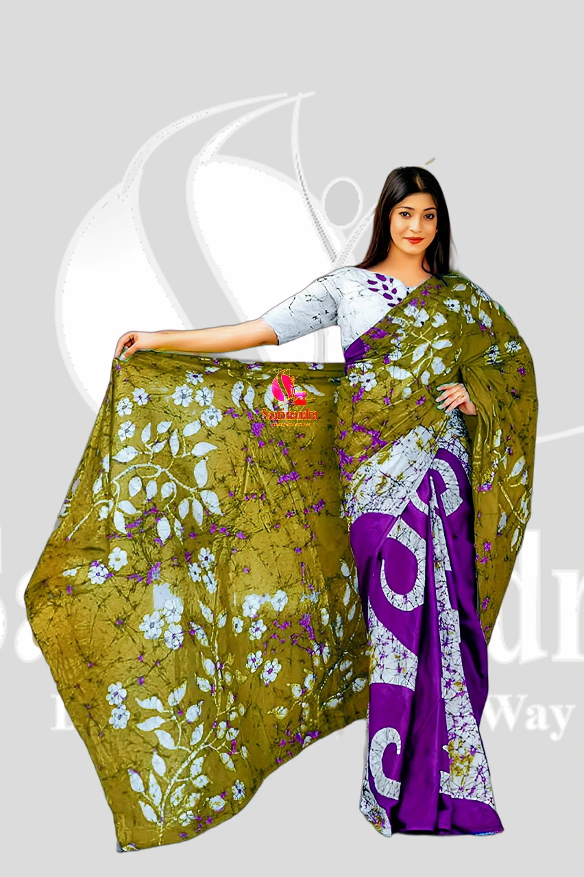 Batik Indian Premium Graceful Olive Green & Purple Floral Printed Batik Cotton Saree